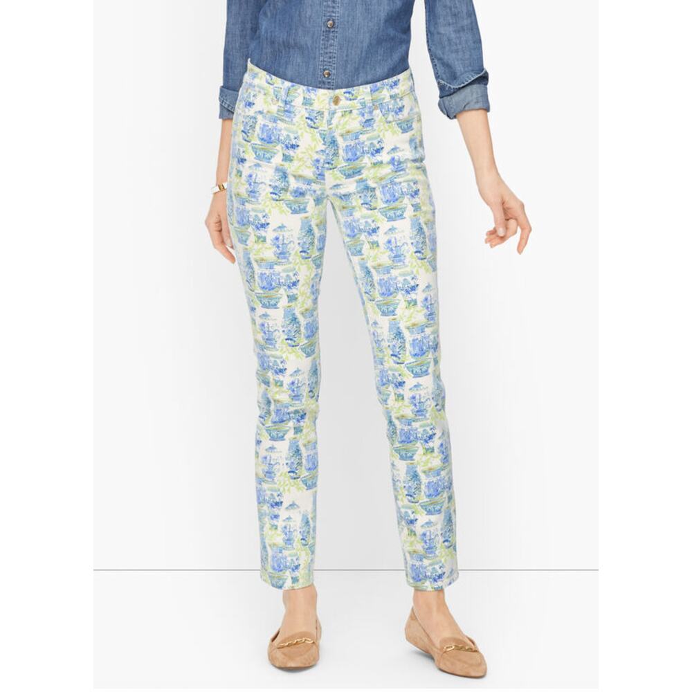 Talbots Womens 6 Blue White Watercolor Vases Slim Ankle Denim Jean Pants